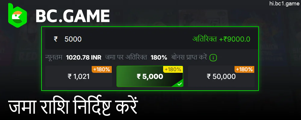 फिएट में जमा राशि निर्दिष्ट करें या BC.Game पर क्रिप्टो में निर्दिष्ट पते पर धनराशि स्थानांतरित करें